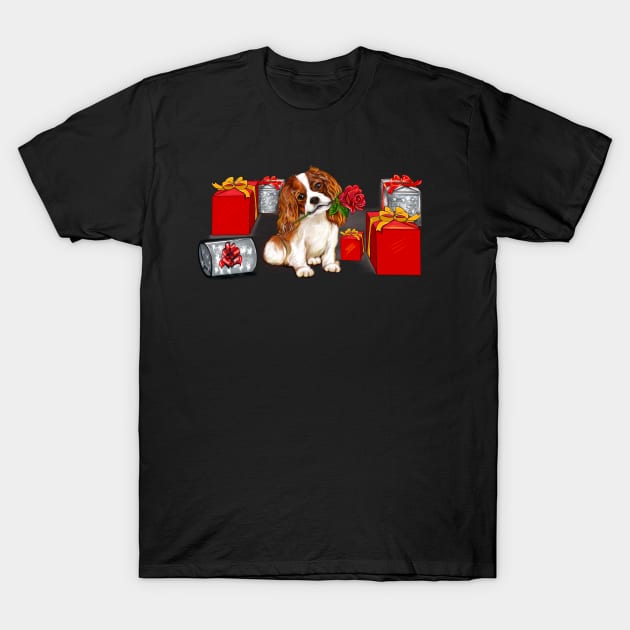 Cavoodle puppy dog with rose in its mouth surrounded by gifts. Especially for you T-Shirt by Artonmytee